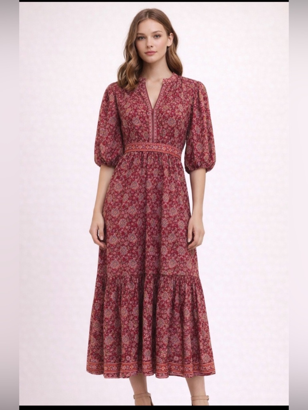 Max Studio Burgundy Floral Maxi Dress with Puff Sleeves